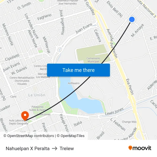 Nahuelpan X Peralta to Trelew map