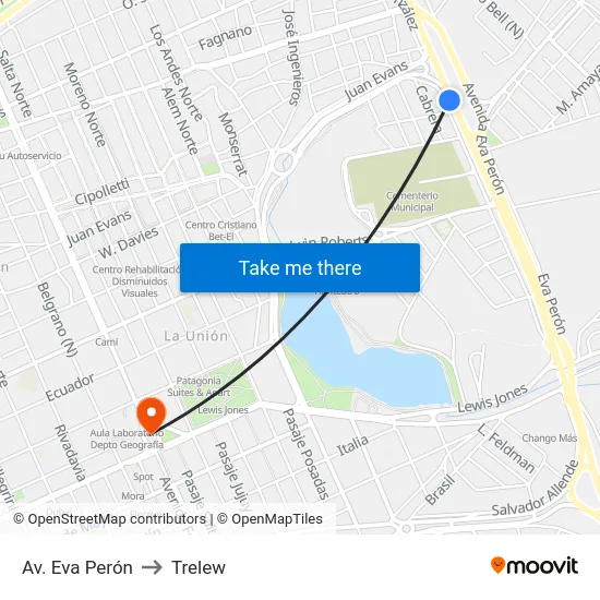 Av. Eva Perón to Trelew map