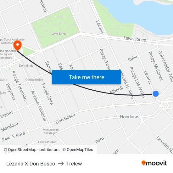 Lezana X Don Bosco to Trelew map