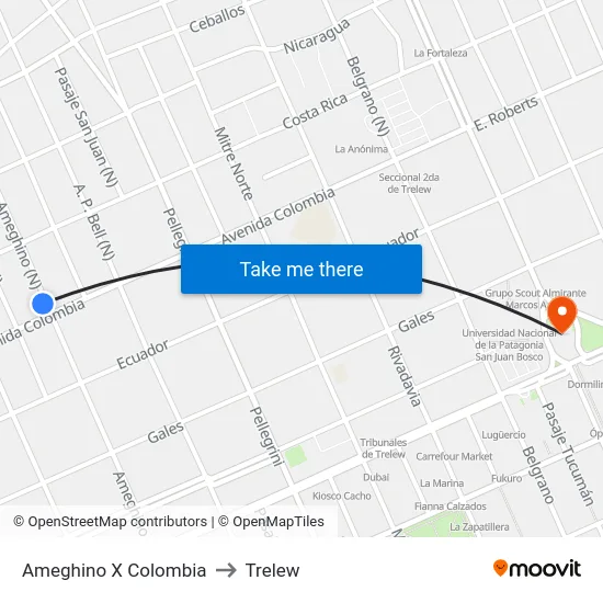 Ameghino X Colombia to Trelew map