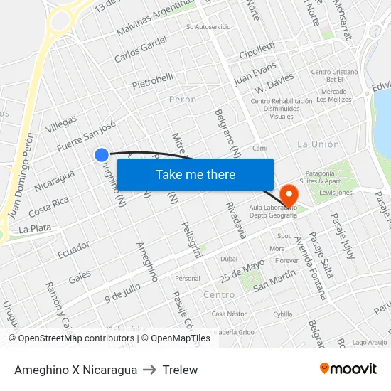 Ameghino X Nicaragua to Trelew map