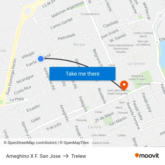 Ameghino X F. San Jose to Trelew map