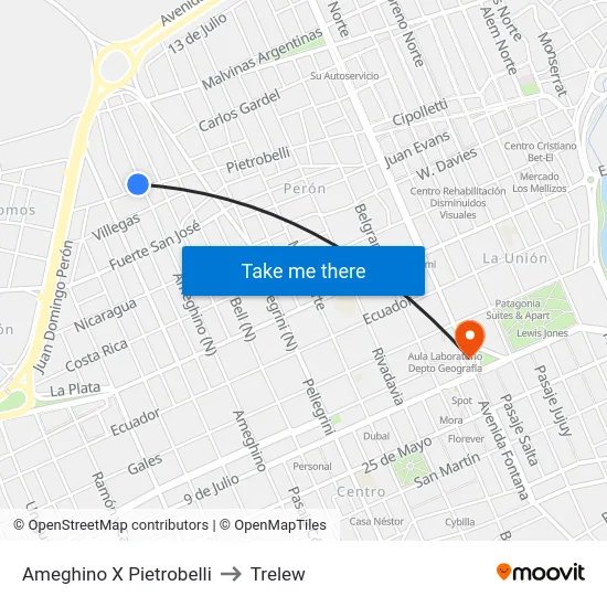 Ameghino X Pietrobelli to Trelew map