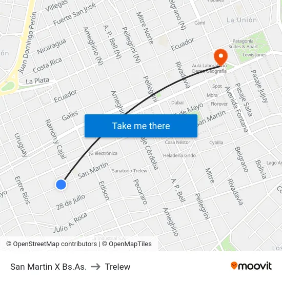 San Martin X Bs.As. to Trelew map