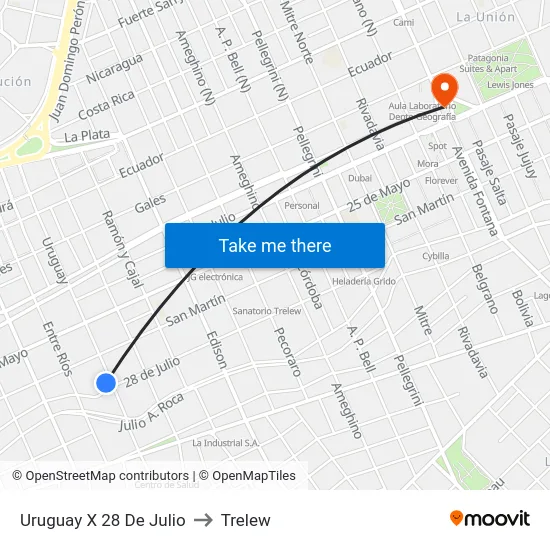 Uruguay X 28 De Julio to Trelew map