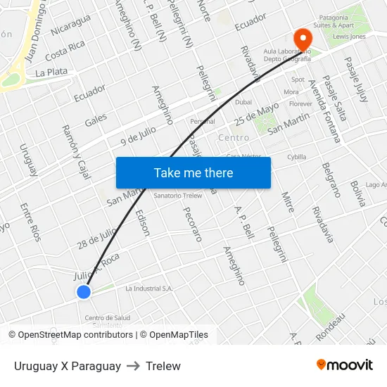 Uruguay X Paraguay to Trelew map