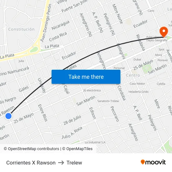 Corrientes X Rawson to Trelew map