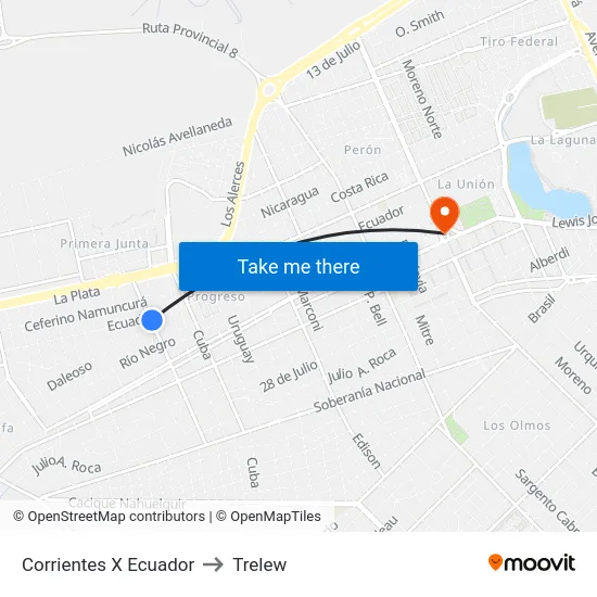 Corrientes X Ecuador to Trelew map