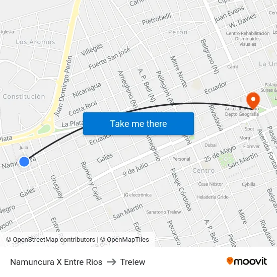 Namuncura X Entre Rios to Trelew map