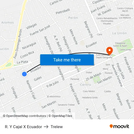 R. Y Cajal X Ecuador to Trelew map