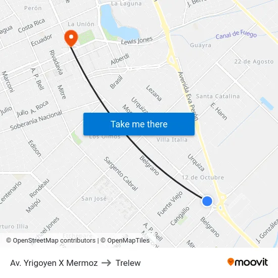 Av. Yrigoyen X Mermoz to Trelew map