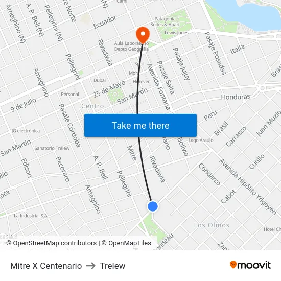 Mitre X Centenario to Trelew map