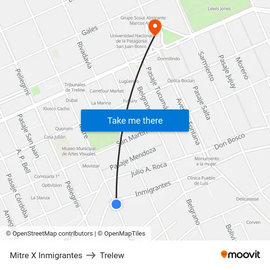Mitre X Inmigrantes to Trelew map