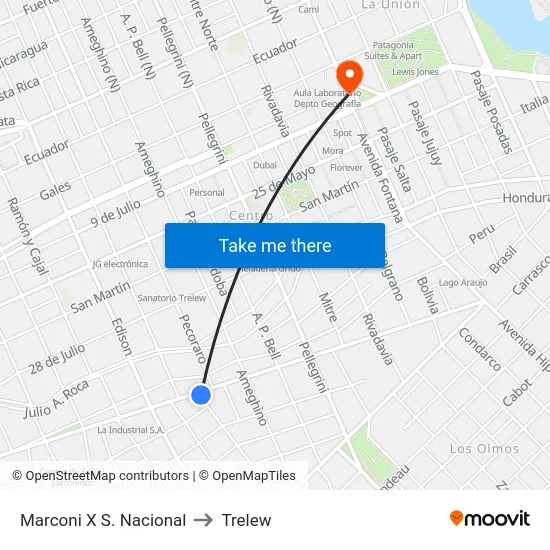 Marconi X S. Nacional to Trelew map