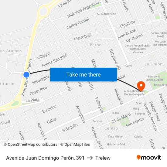 Avenida Juan Domingo Perón, 391 to Trelew map