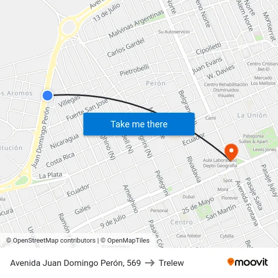 Avenida Juan Domingo Perón, 569 to Trelew map