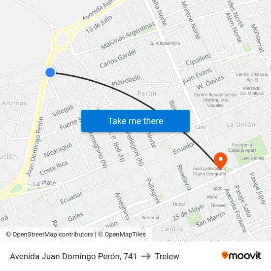 Avenida Juan Domingo Perón, 741 to Trelew map