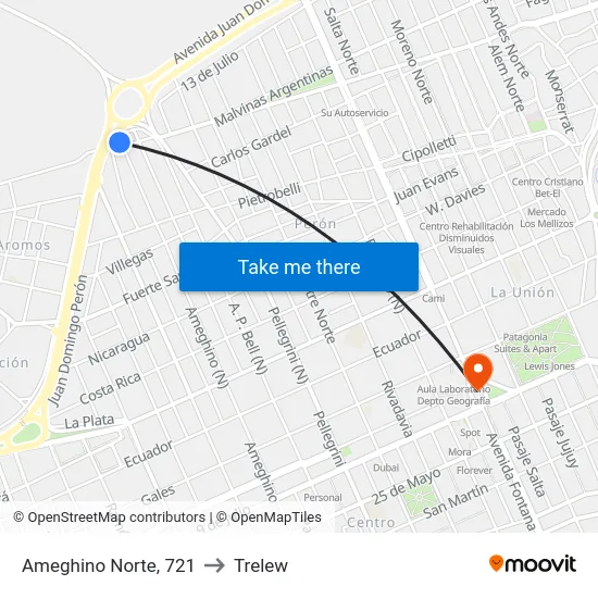 Ameghino Norte, 721 to Trelew map