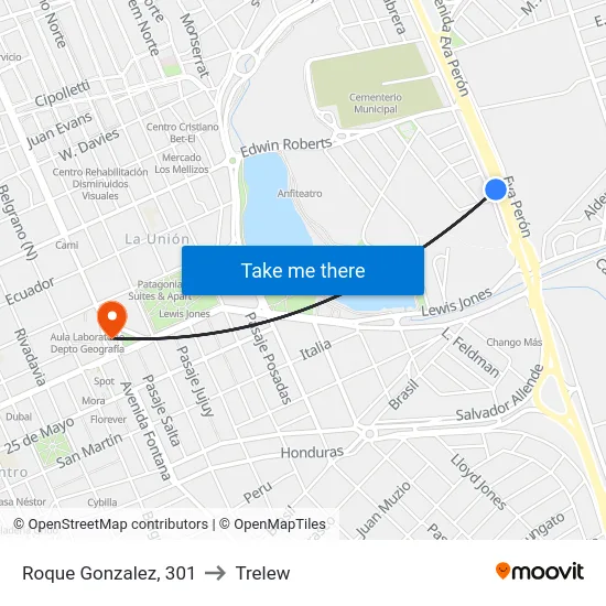 Roque Gonzalez, 301 to Trelew map