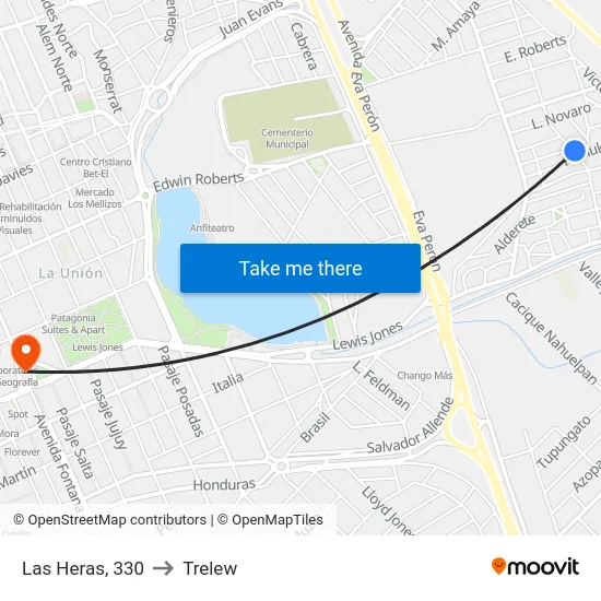 Las Heras, 330 to Trelew map