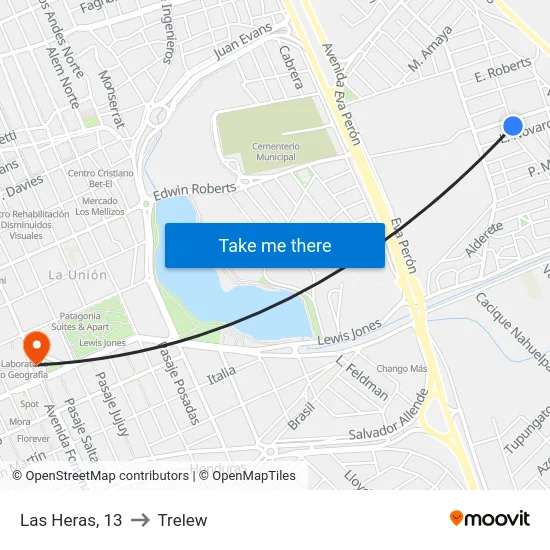 Las Heras, 13 to Trelew map