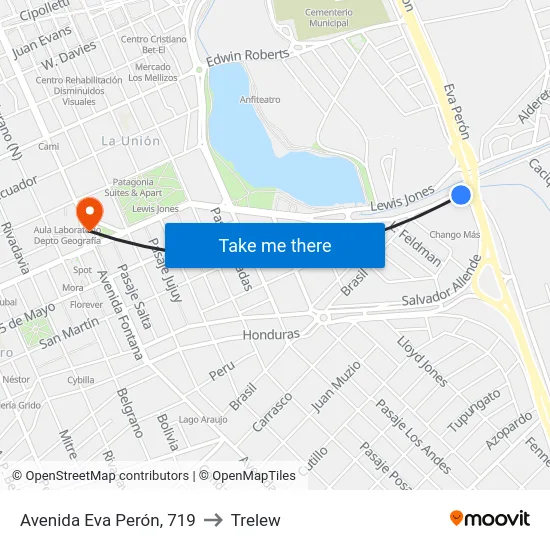Avenida Eva Perón, 719 to Trelew map
