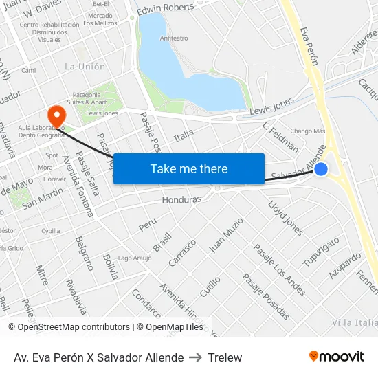 Av. Eva Perón X Salvador Allende to Trelew map