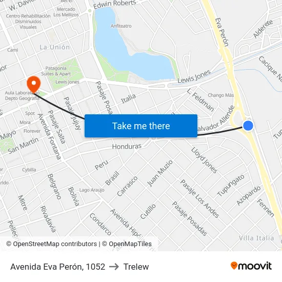 Avenida Eva Perón, 1052 to Trelew map