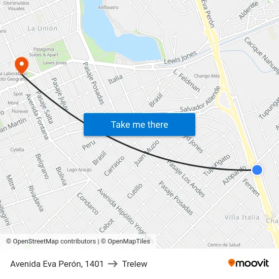 Avenida Eva Perón, 1401 to Trelew map
