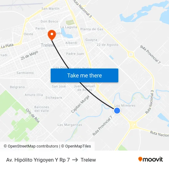 Av. Hipólito Yrigoyen Y Rp 7 to Trelew map