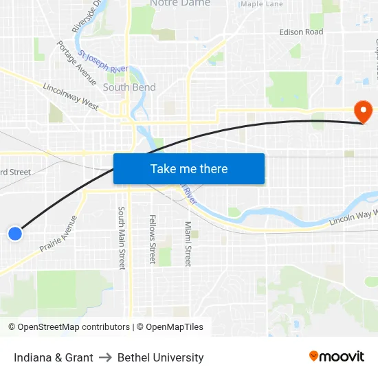 Indiana & Grant to Bethel University map