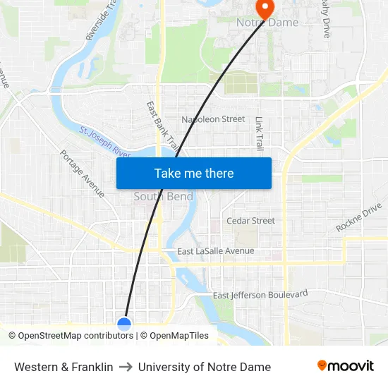 Western & Franklin to University of Notre Dame map