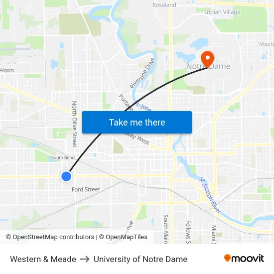 Western & Meade to University of Notre Dame map