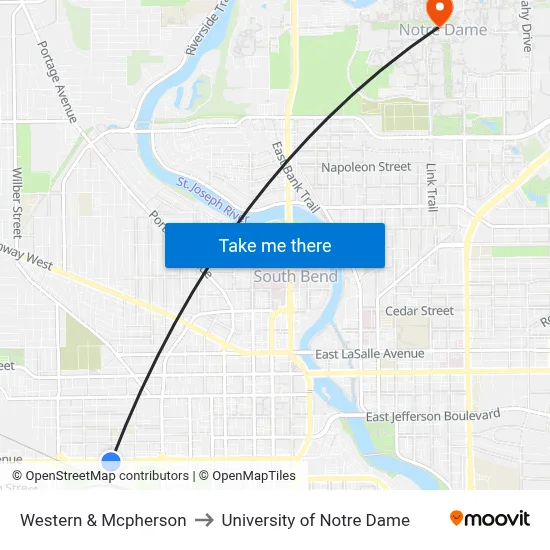 Western & Mcpherson to University of Notre Dame map