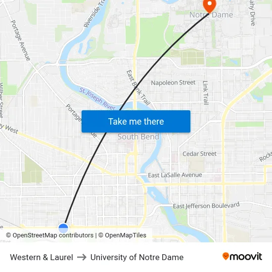 Western & Laurel to University of Notre Dame map