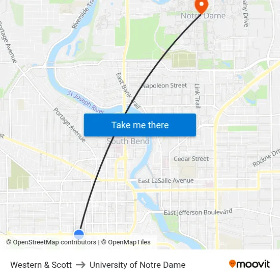 Western & Scott to University of Notre Dame map