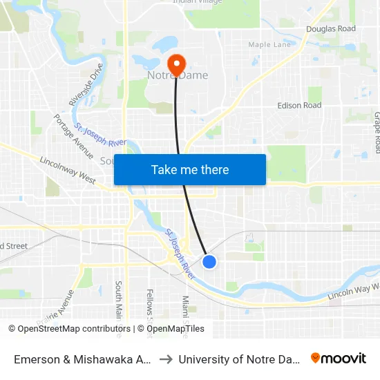 Emerson & Mishawaka Ave. to University of Notre Dame map