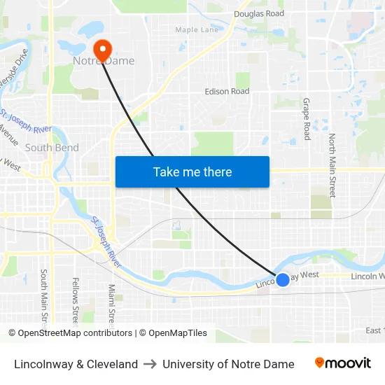Lincolnway & Cleveland to University of Notre Dame map