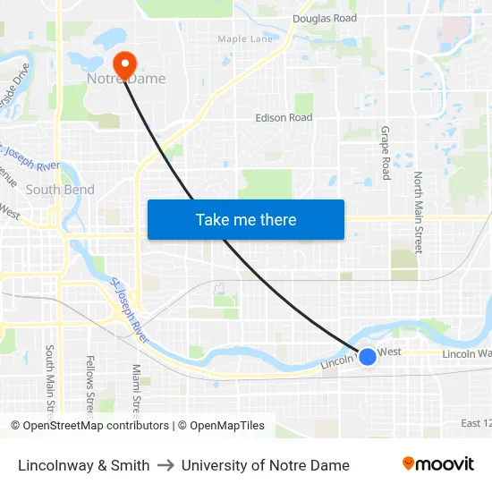 Lincolnway & Smith to University of Notre Dame map