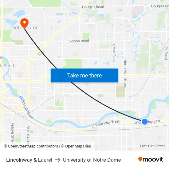 Lincolnway & Laurel to University of Notre Dame map