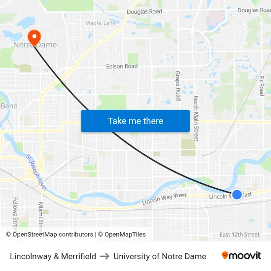 Lincolnway & Merrifield to University of Notre Dame map
