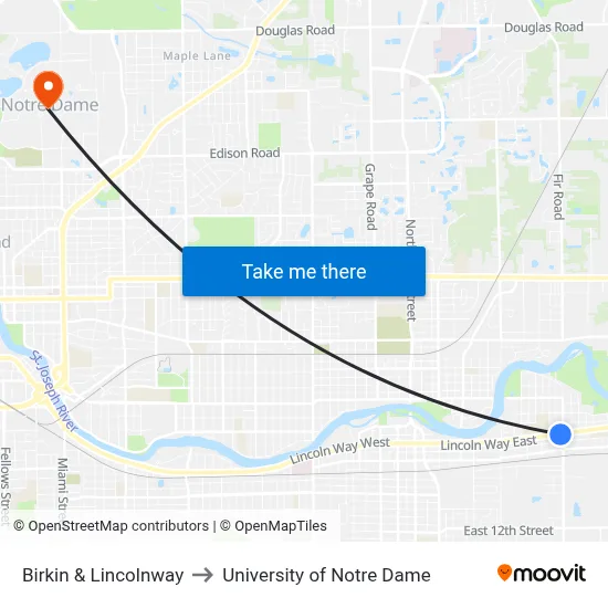 Birkin & Lincolnway to University of Notre Dame map