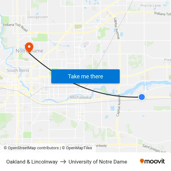 Oakland & Lincolnway to University of Notre Dame map