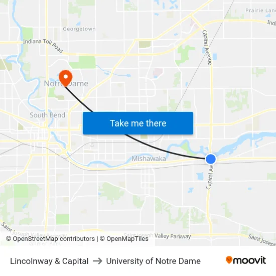 Lincolnway & Capital to University of Notre Dame map