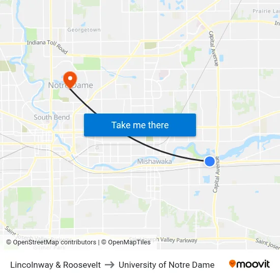 Lincolnway & Roosevelt to University of Notre Dame map