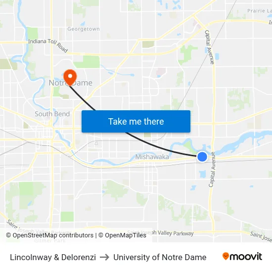 Lincolnway & Delorenzi to University of Notre Dame map