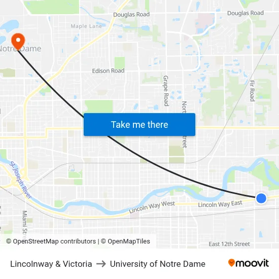 Lincolnway & Victoria to University of Notre Dame map