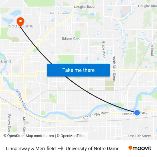 Lincolnway & Merrifield to University of Notre Dame map