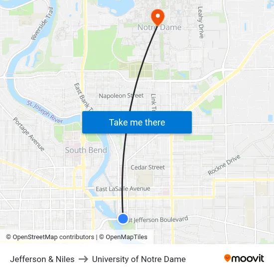 Jefferson & Niles to University of Notre Dame map