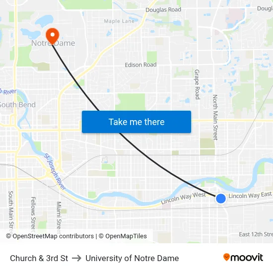 Church & 3rd St to University of Notre Dame map